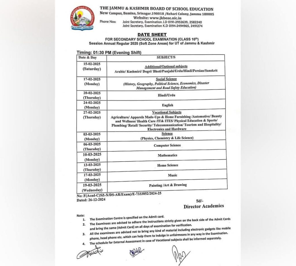 Date-Sheet for 10th, 12th